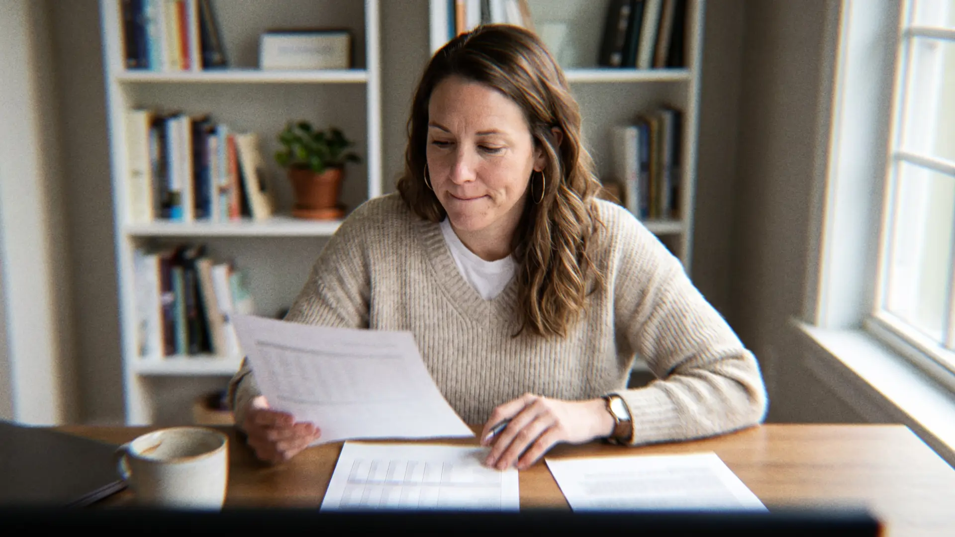 Hiring manager comparing remote staffing agency proposals on fees, guarantees and time to hire at her home office desk