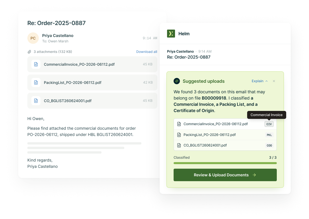 An email with three attachments beside Helm's suggested uploads panel, which classifies them as a commercial invoice, packing list and certificate of origin for file B00009918