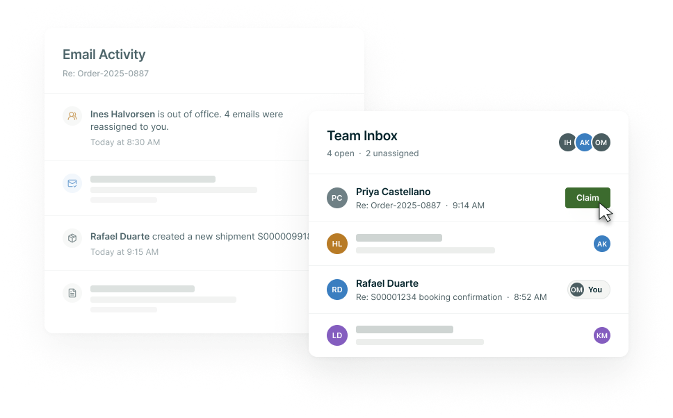 Helm team inbox with emails assigned or claimed by teammates, beside an email activity log showing out-of-office reassignments and shipment updates