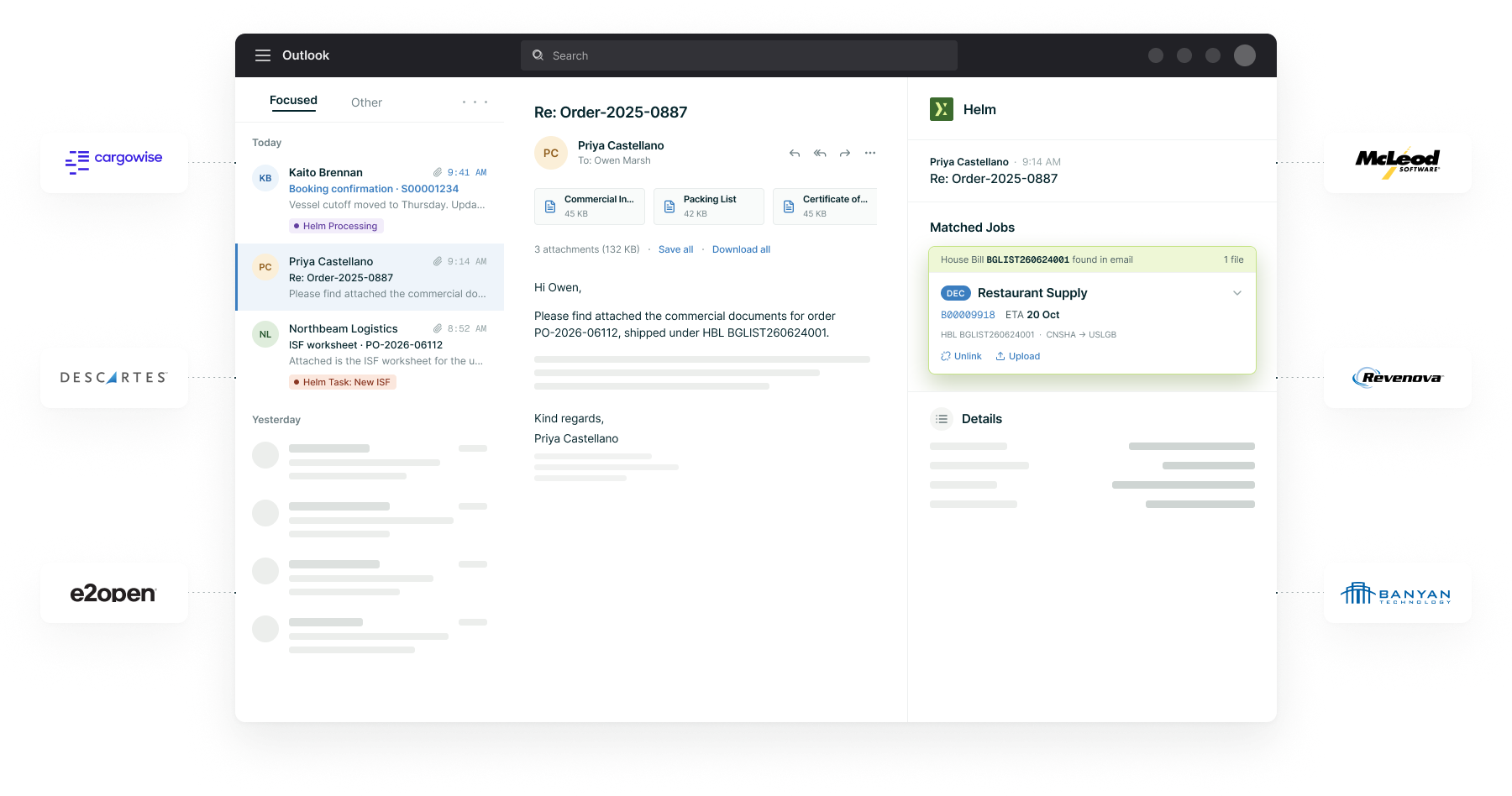 Outlook inbox with the Helm sidebar matching an email to a TMS job, surrounded by integrated TMS logos: CargoWise, Descartes, e2open, McLeod, Revenova and Banyan