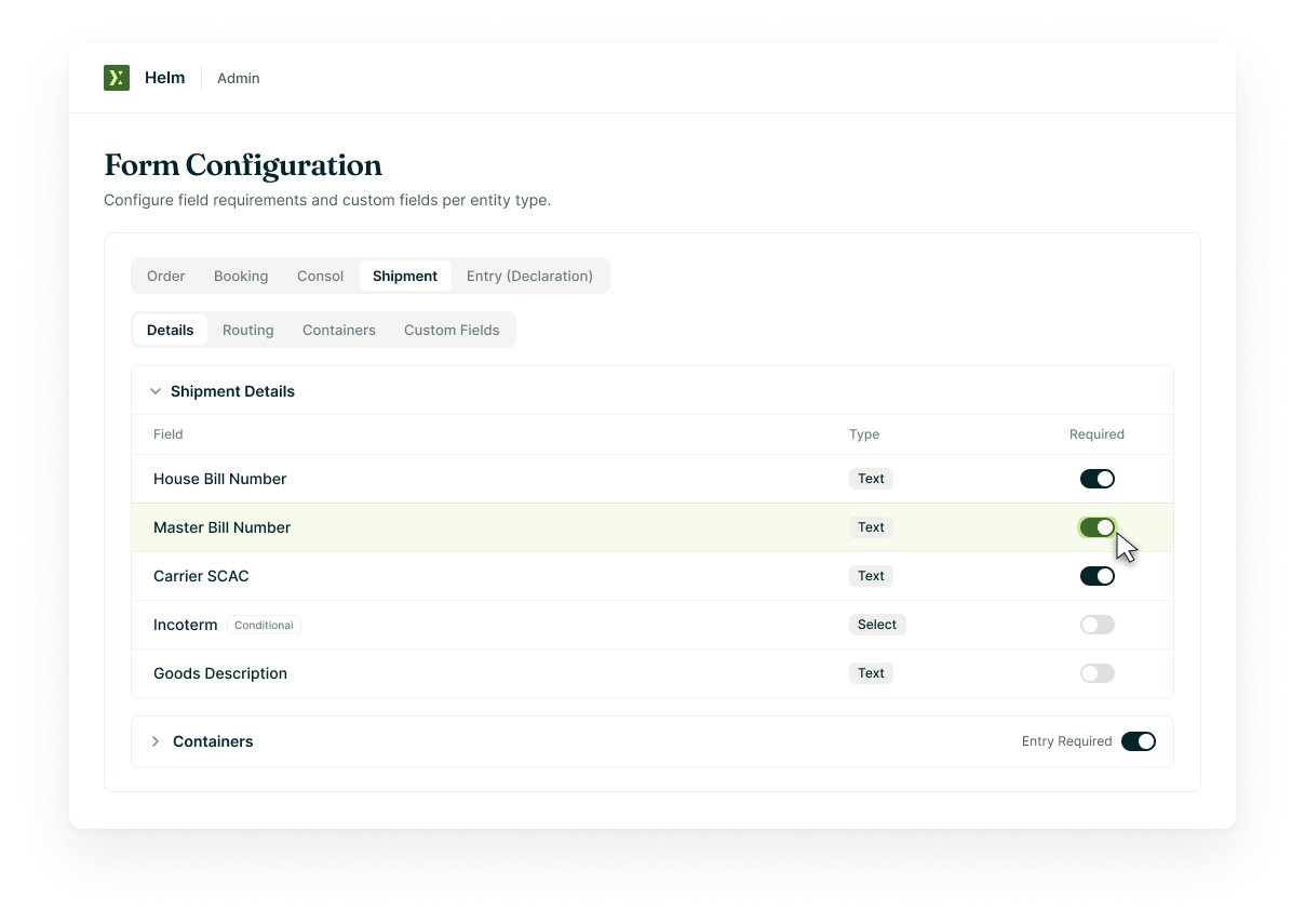 Helm admin form configuration screen with toggles for which shipment fields are required