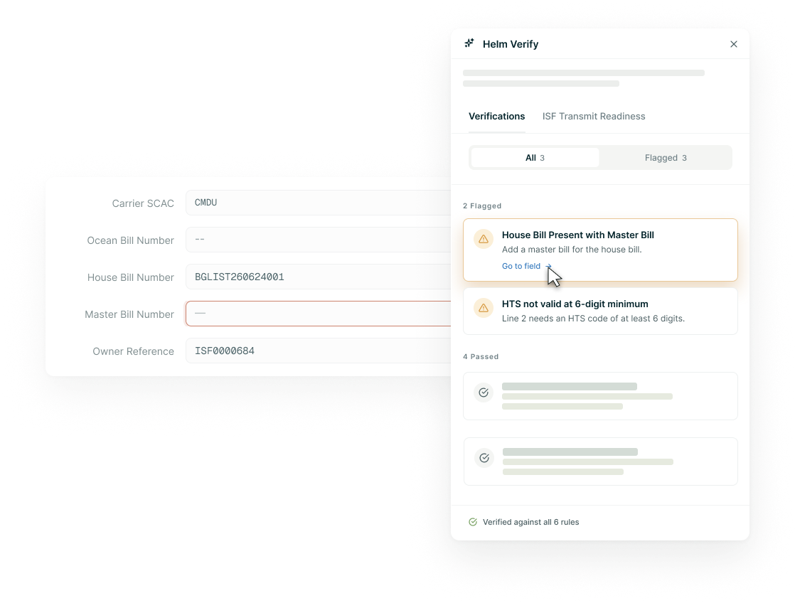 Helm Verify flagging a missing master bill number and an invalid HTS code on an ISF form