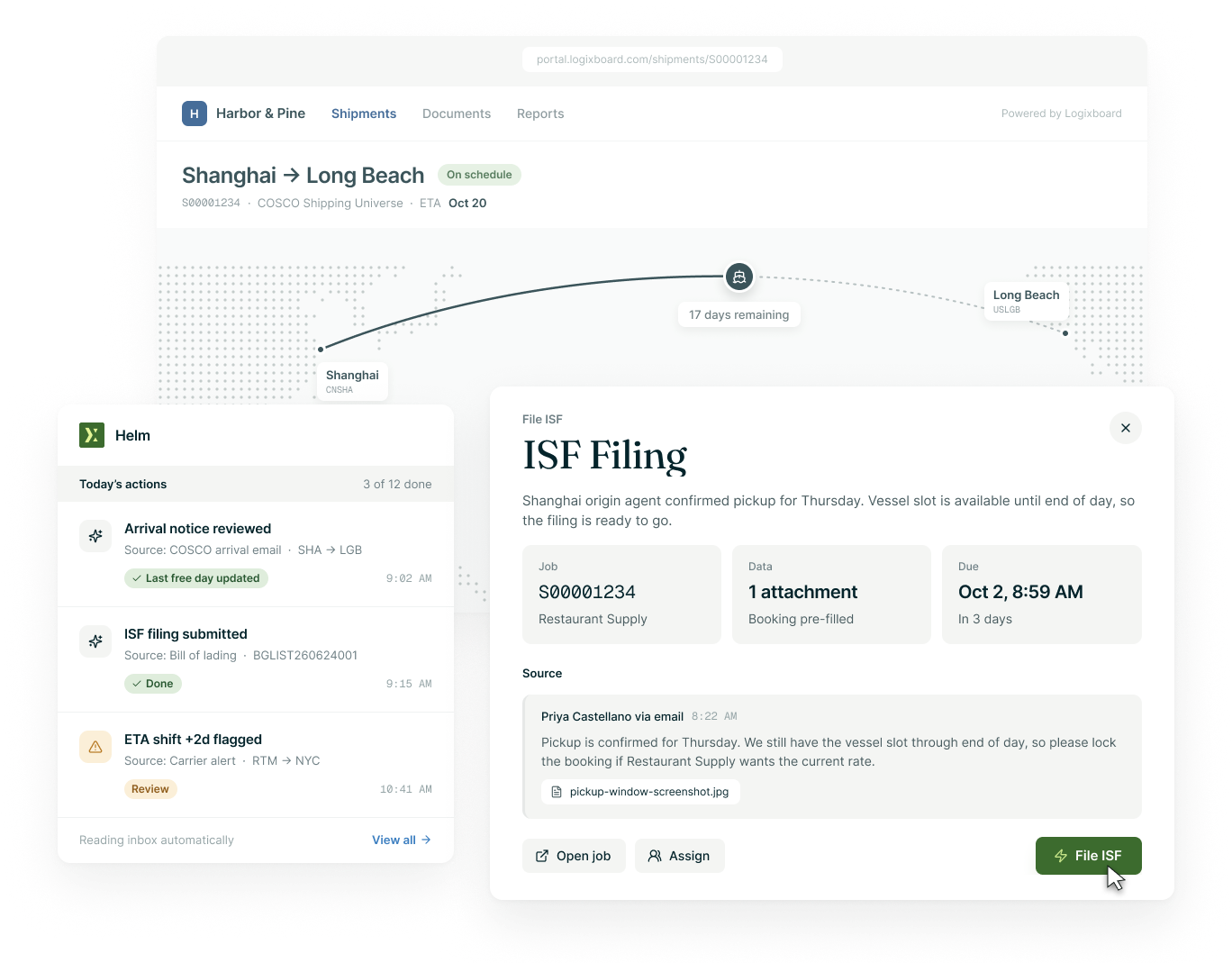 Logixboard Helm Operate: a shipment view from Shanghai to Long Beach, Helm's list of today's actions, and a pre-filled ISF filing ready to submit