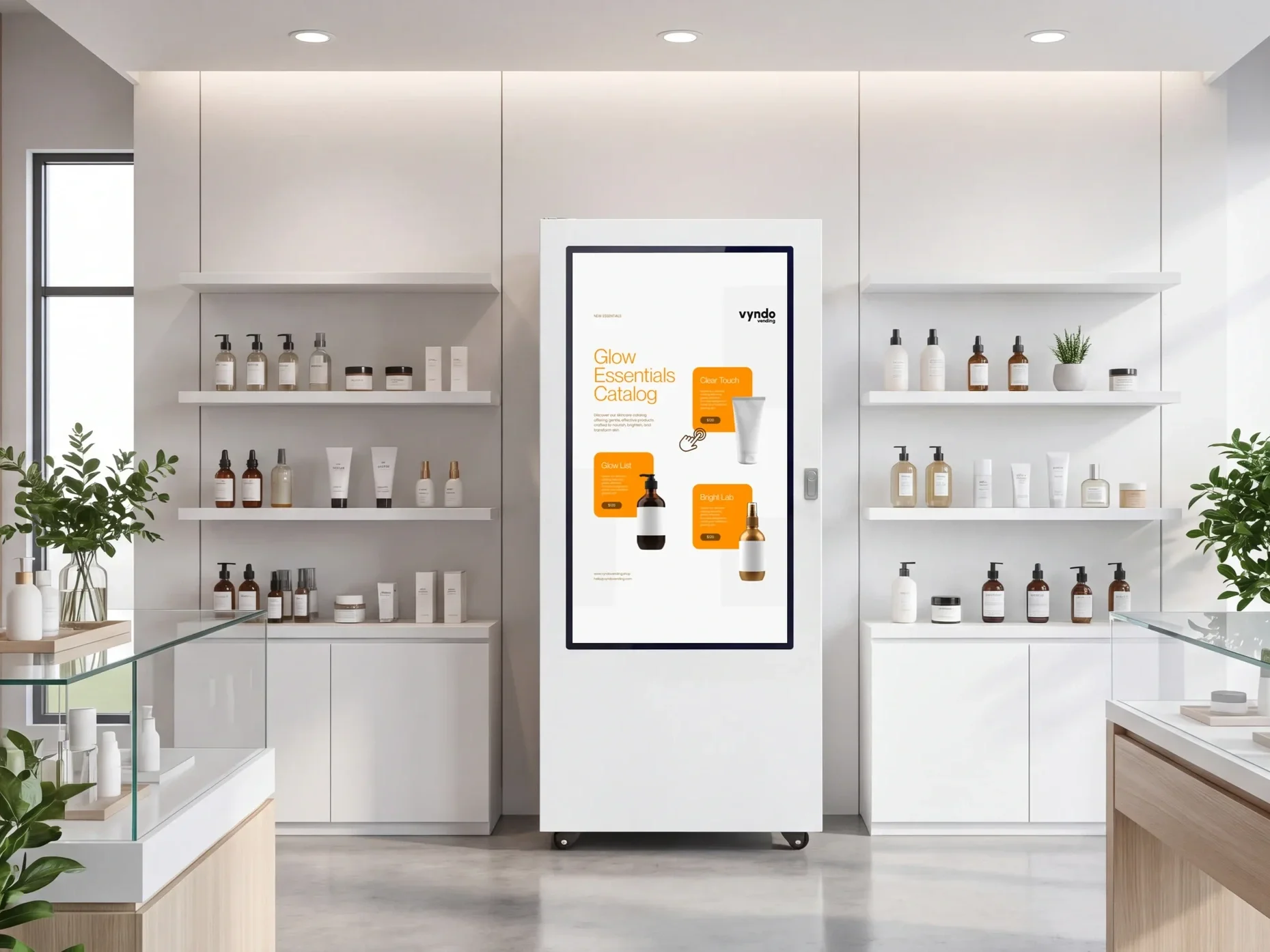 Weißer Verkaufsautomat mit Hautpflege-Katalog auf dem Touchscreen in einem hellen Kosmetikgeschäft