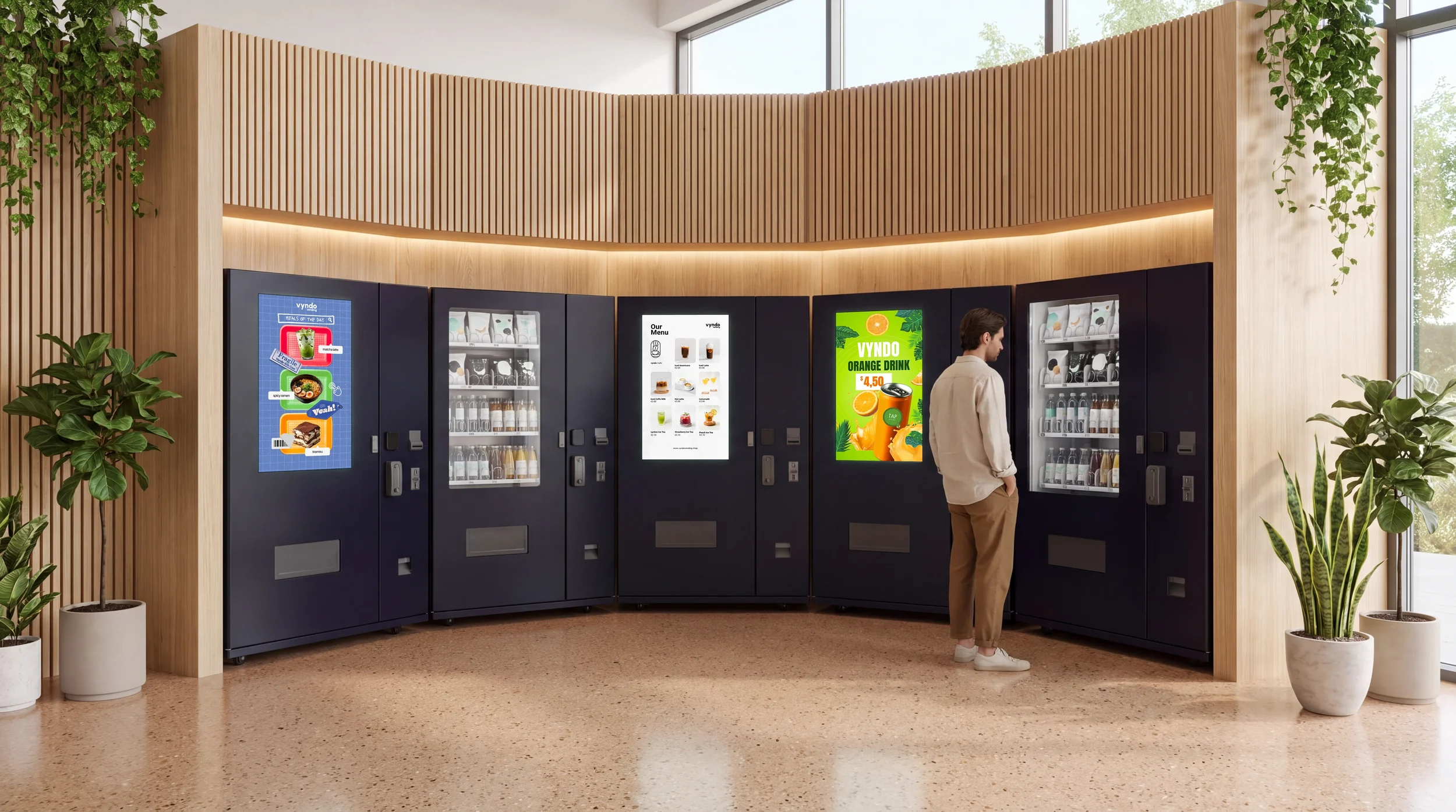 Halbrunde Reihe dunkler Verkaufsautomaten mit Touchscreens für Snacks und Getränke, Mann davor