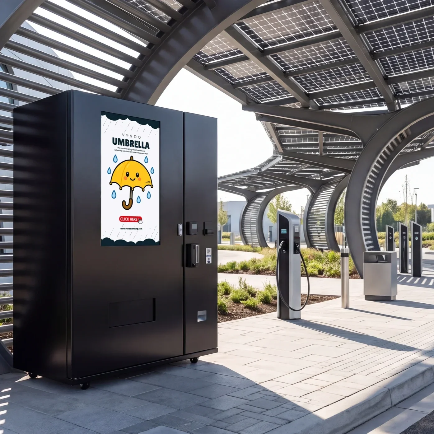 Schwarzer Verkaufsautomat mit Regenschirm-Werbung unter einem Solar-Carport mit E-Ladesäulen