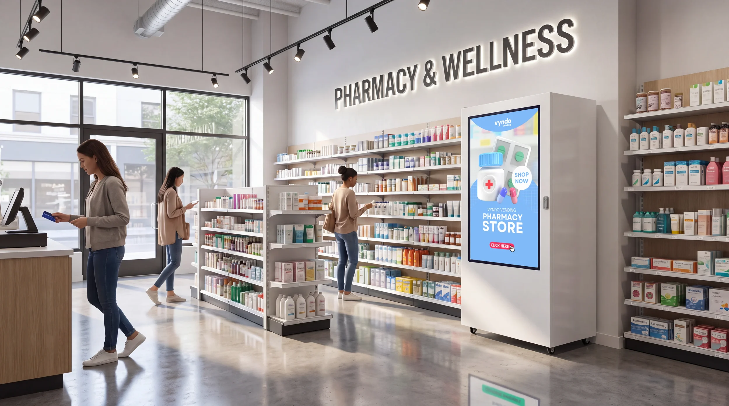 Weißer Verkaufsautomat mit „Pharmacy Store“-Display in einem Apotheken- und Wellness-Geschäft