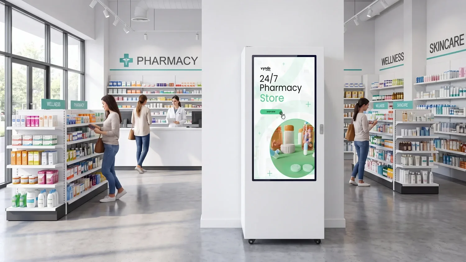 Weißer Verkaufsautomat mit Touchscreen „24/7 Pharmacy Store“ in einer Apotheke