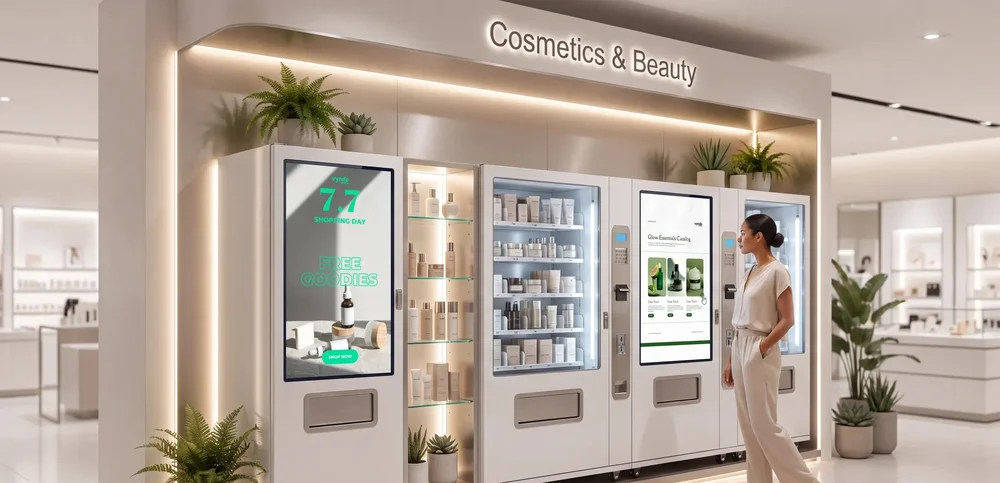 Reihe weißer Kosmetik-Verkaufsautomaten mit Displays unter „Cosmetics & Beauty“-Schild, Frau davor