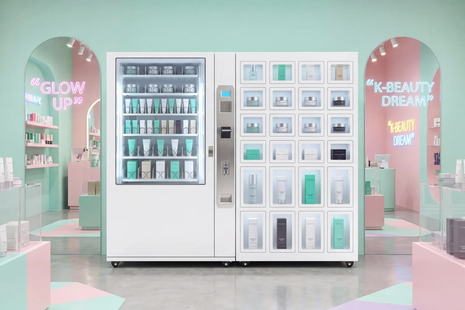 Weißer Verkaufsautomat mit Glasfront und Schließfächern für Kosmetik in einem pastellfarbenen Beauty-Store