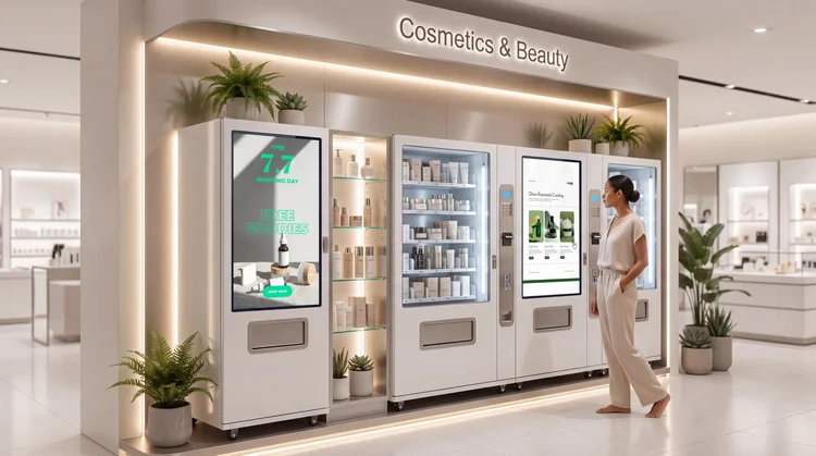 Reihe weißer Kosmetik-Verkaufsautomaten unter „Cosmetics & Beauty“-Schild in einem hellen Einkaufszentrum