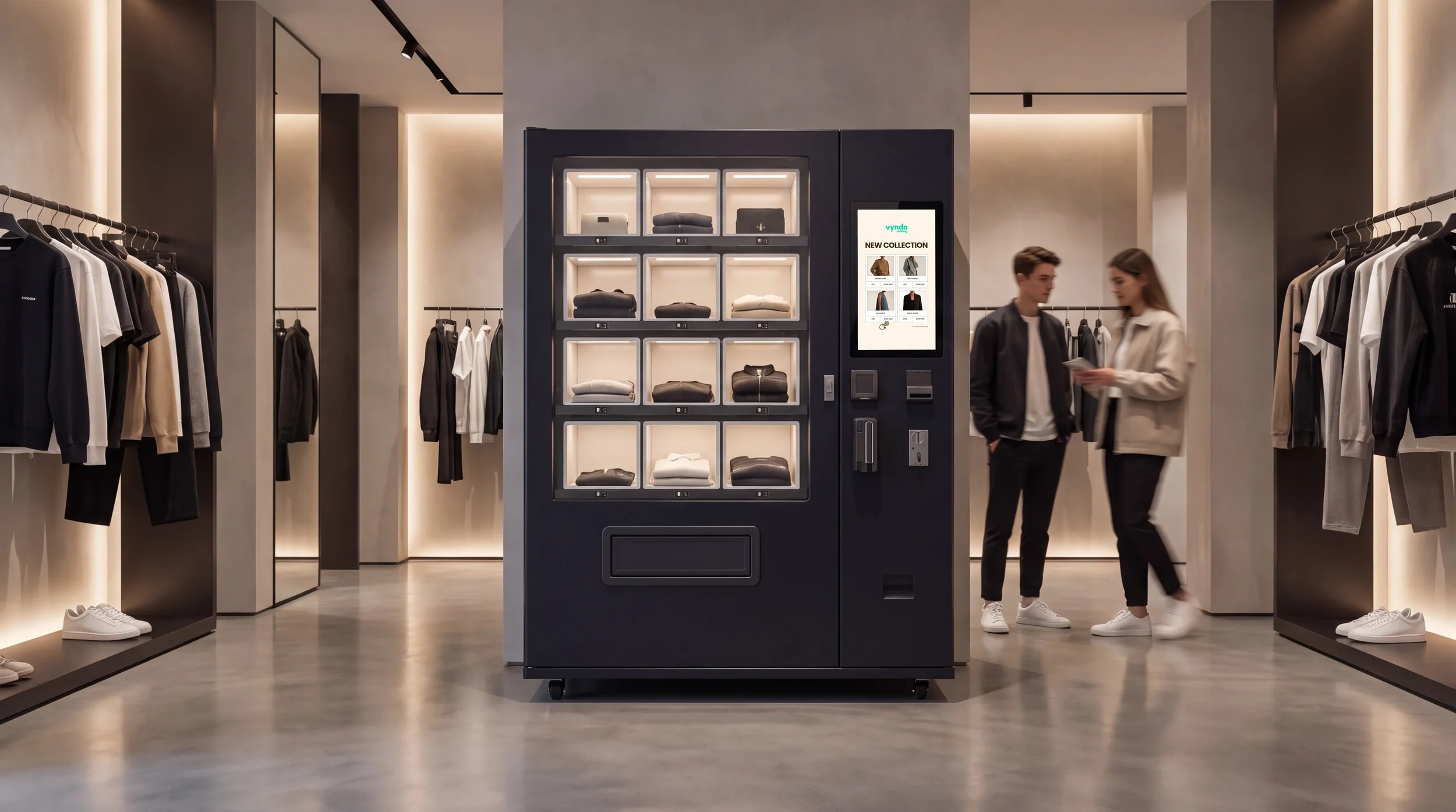 Dunkler Verkaufsautomat mit Fächern und Touchscreen in einer Modeboutique, Paar daneben
