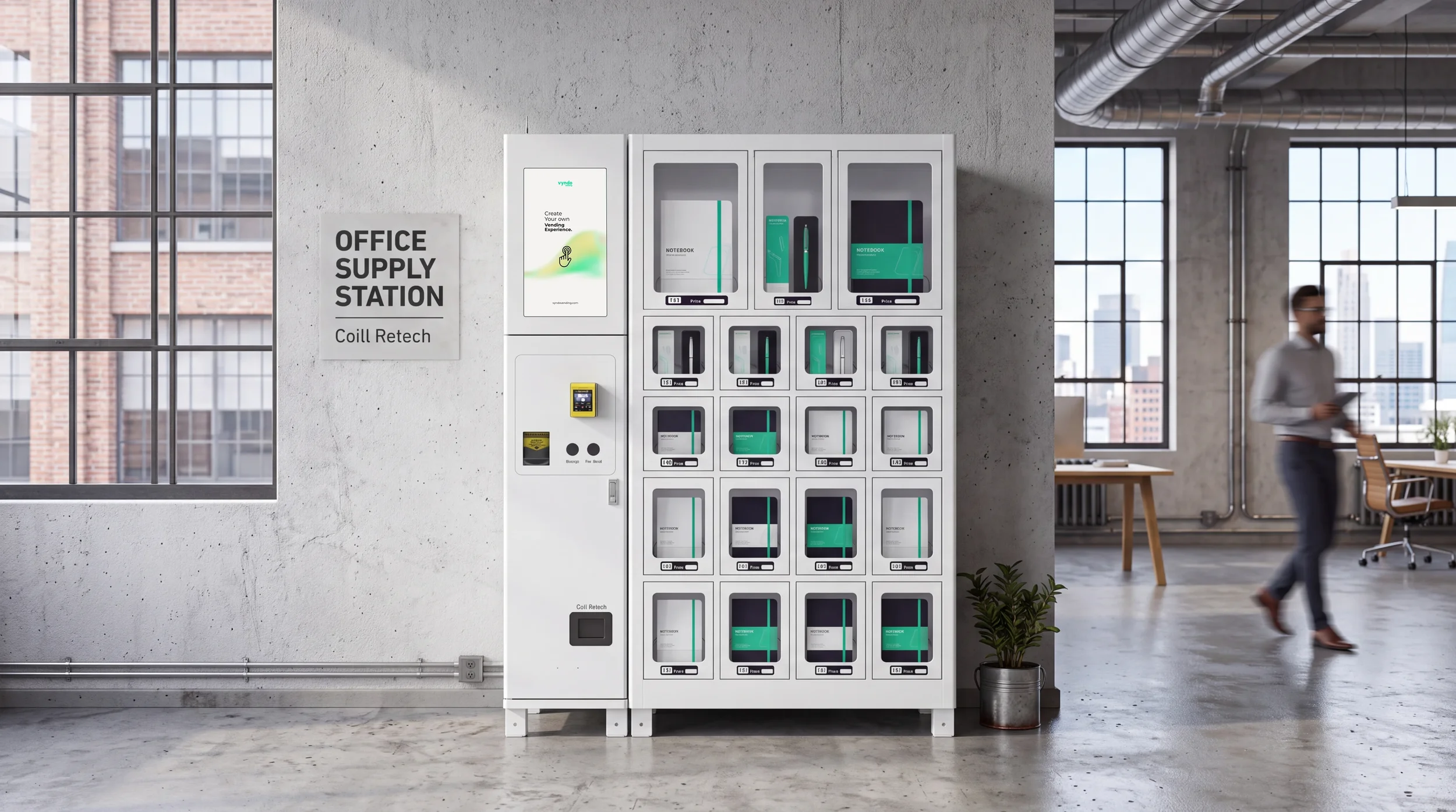 Weißer Schließfach-Verkaufsautomat als „Office Supply Station“ in einem Loft-Büro