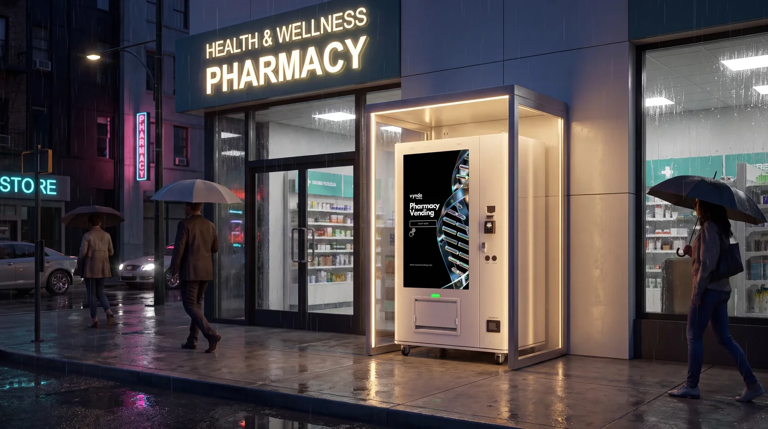 Weißer Verkaufsautomat mit Bildschirm vor einer Apotheke bei Nacht und Regen