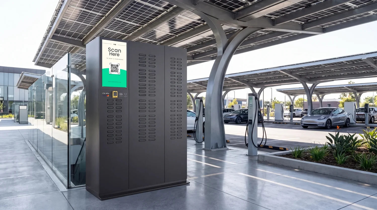 Dunkler Powerbank-Verleihautomat mit „Scan Here“-Display an einem Solar-Carport mit E-Ladesäulen