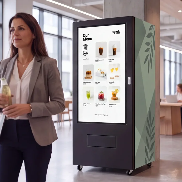 Frau mit Getränk neben Verkaufsautomat mit großem Touchscreen-Getränkemenü im Büro