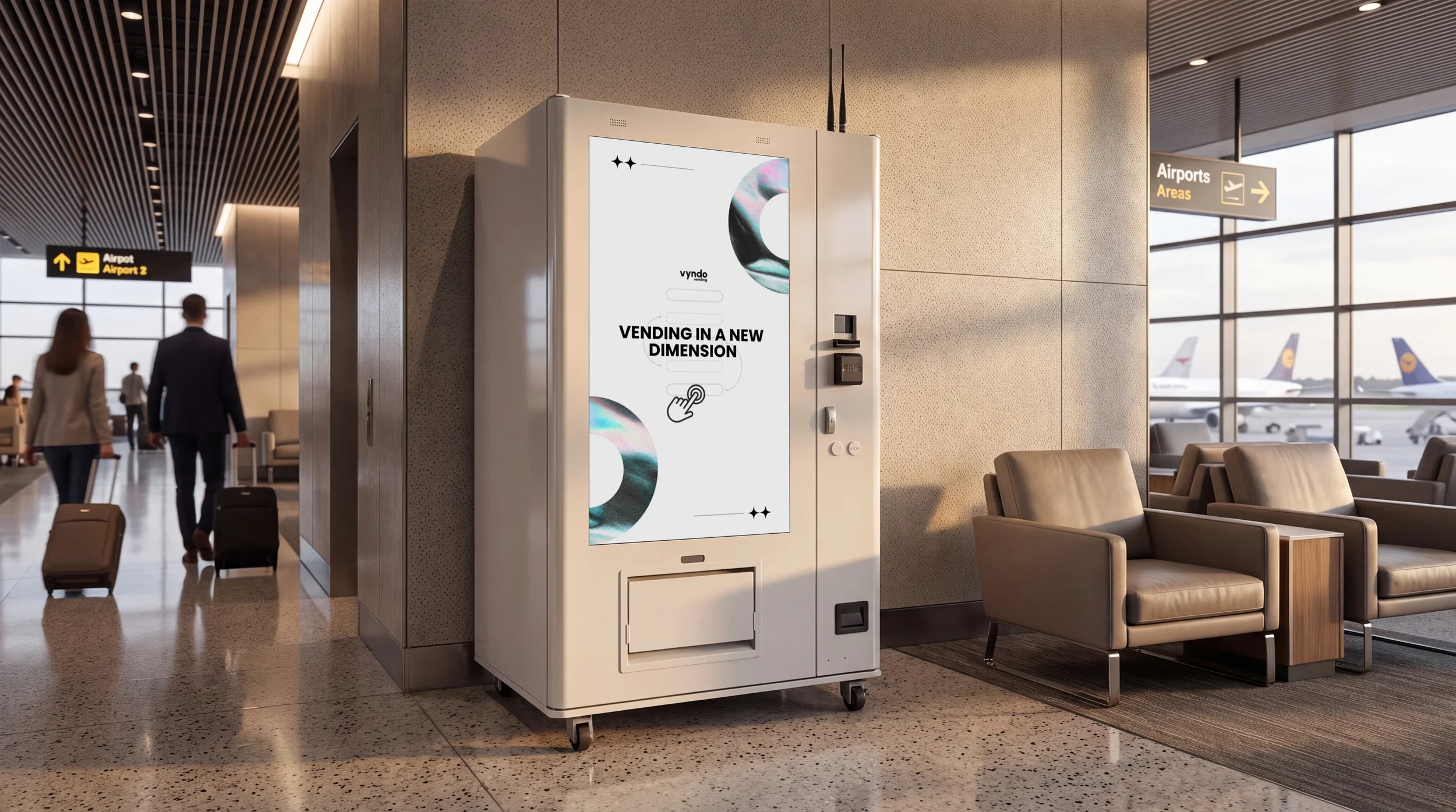 Weißer Verkaufsautomat mit großem Display in einer Flughafen-Lounge