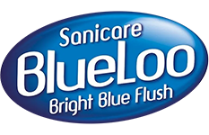 BlueLoo logo with text Sanicare and Bright Blue Flush on a blue oval background.