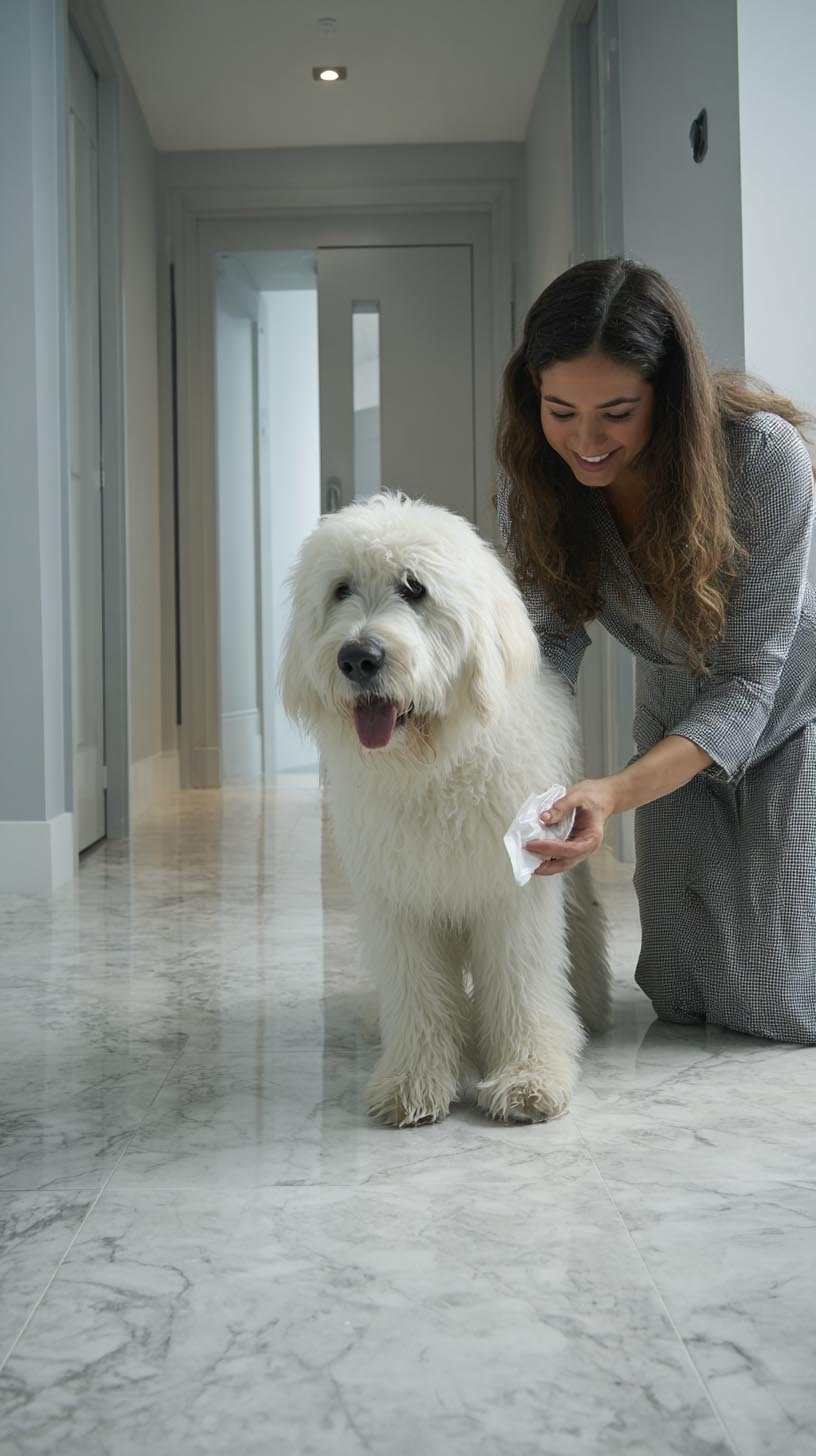 Woman kneeling indoors cleaning a large white fluffy dog with a wipe on a marble floor.