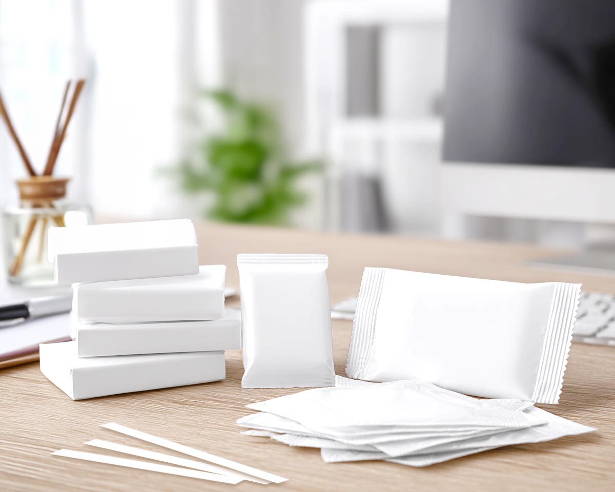 Stack of blank white rectangular boxes and several white sachets on a wooden desk in a bright office setting.