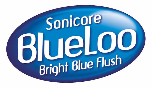Sanicare BlueLoo logo with the tagline Bright Blue Flush on a blue oval background.