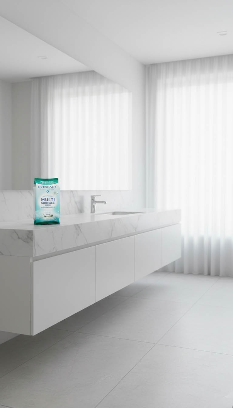 Modern white bathroom with large marble countertop and sink, featuring a pack of Eyeready Multi Surface Wipes.