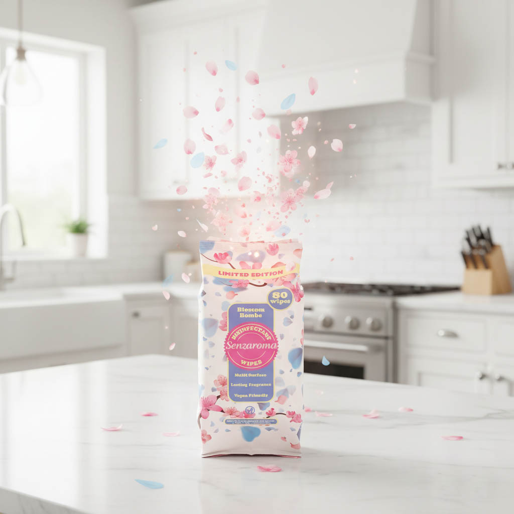 Package of Senzaroma limited edition Blossom Bombe disinfectant wipes on a kitchen counter with pink and blue flower petals floating above it.