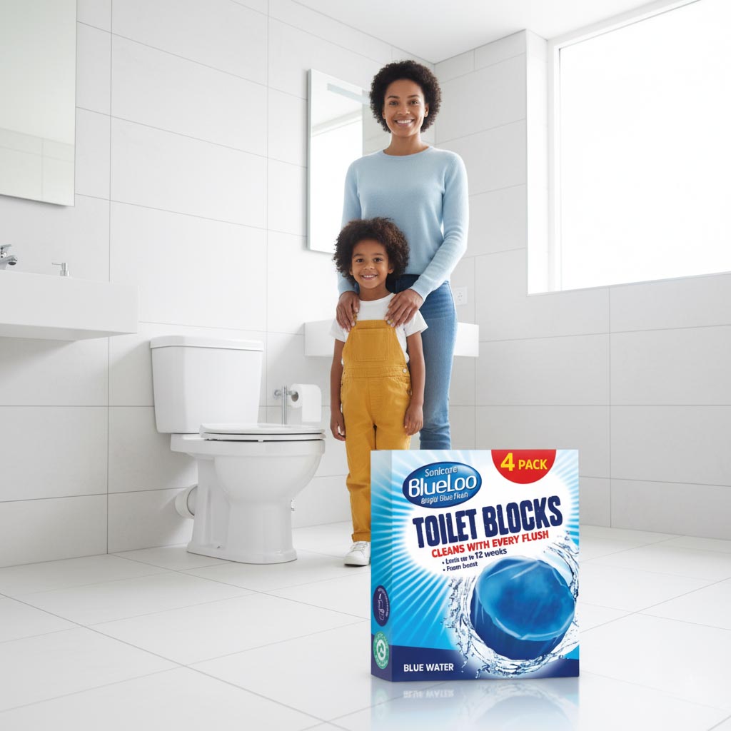Smiling woman and child standing in a clean white bathroom next to a toilet with a package of BlueLoo toilet blocks in the foreground.