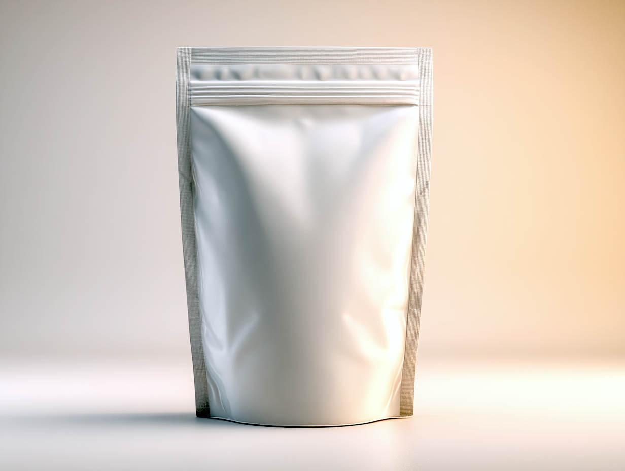 Blank white stand-up pouch packaging bag against a gradient light background.