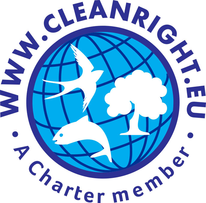 Clean Right EU logo featuring a blue globe with a white bird, fish, and tree, encircled by the text 'www.cleanright.eu' and 'A Charter member'.