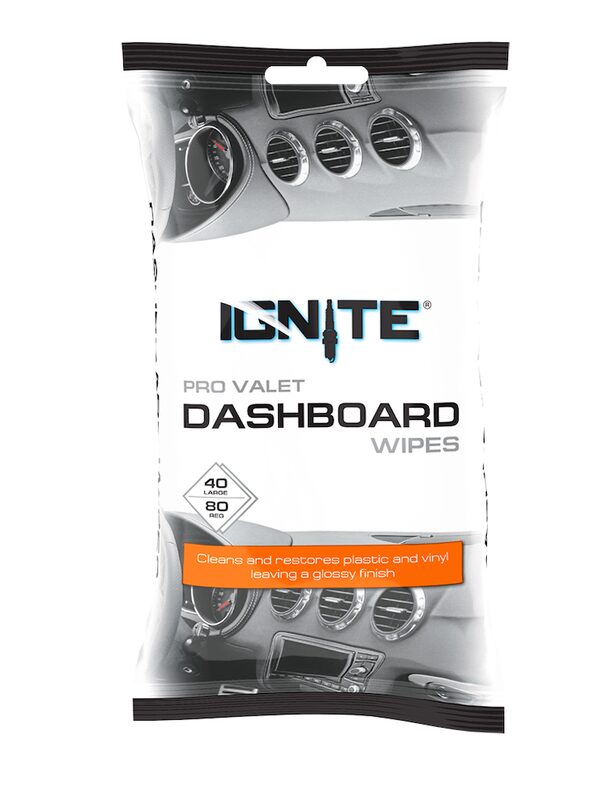 Package of Ignite Pro Valet Dashboard Wipes, designed to clean and restore plastic and vinyl with a glossy finish.