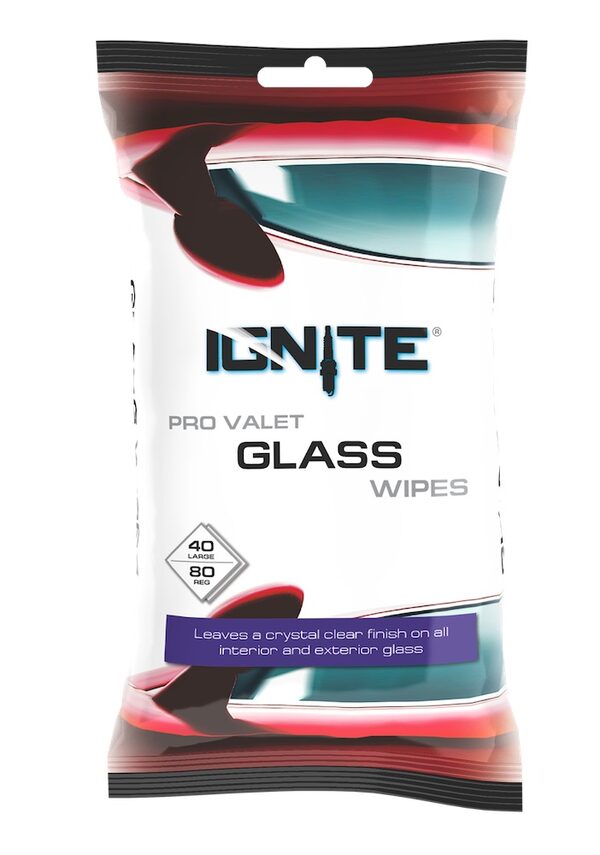 Package of Ignite Pro Valet Glass Wipes containing 40 large and 80 regular wipes for cleaning interior and exterior glass.