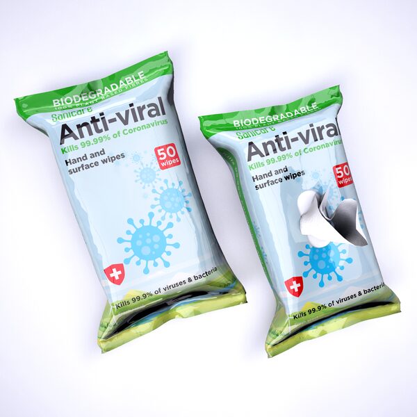 Two biodegradable packages of Sanicare Anti-viral hand and surface wipes, each containing 50 wipes and stating they kill 99.99% of coronavirus, viruses, and bacteria, with one package partially opened.