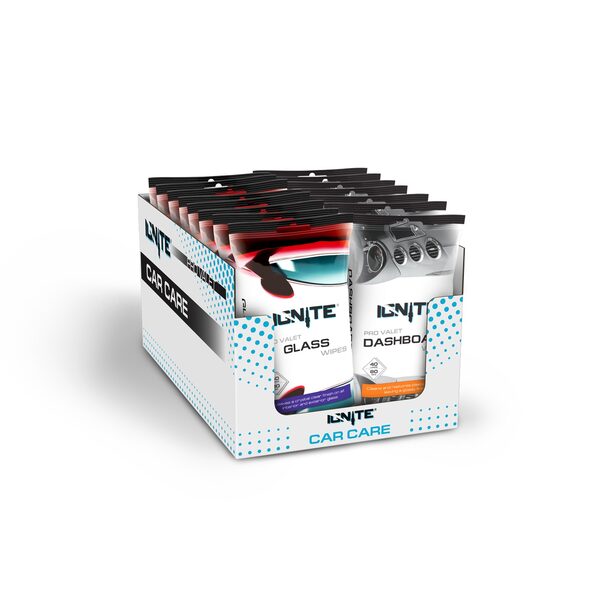 Box of IGNITE car care wipes, including glass and dashboard cleaning wipes in individual packets.