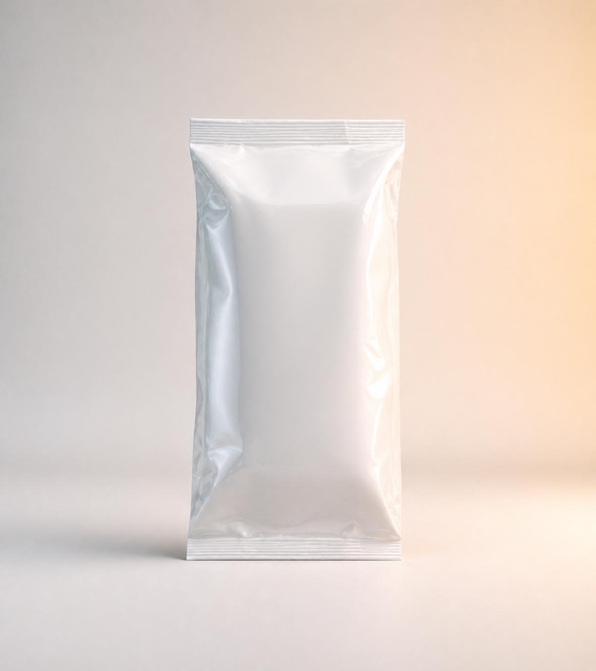 Blank white sealed plastic packet standing upright on a light surface with a softly lit background.