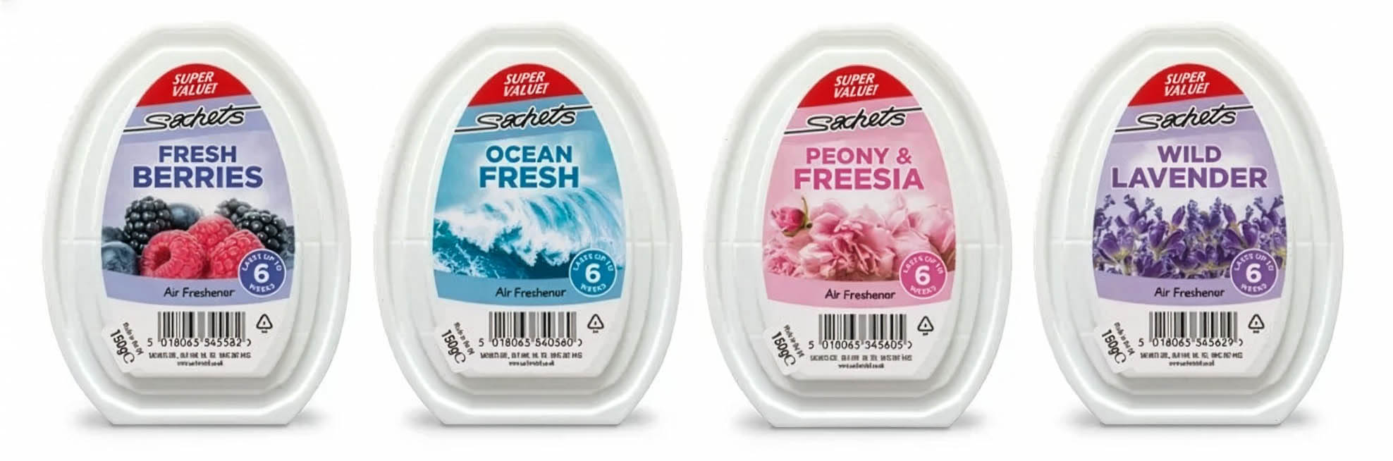 Four Sachets brand air fresheners in different scents: Fresh Berries, Ocean Fresh, Peony & Freesia, and Wild Lavender.