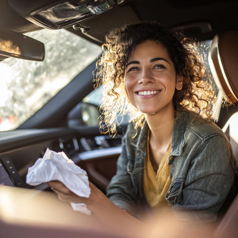 Smiling woman with curly hair sitting in a car, holding a cloth and cleaning the interior.