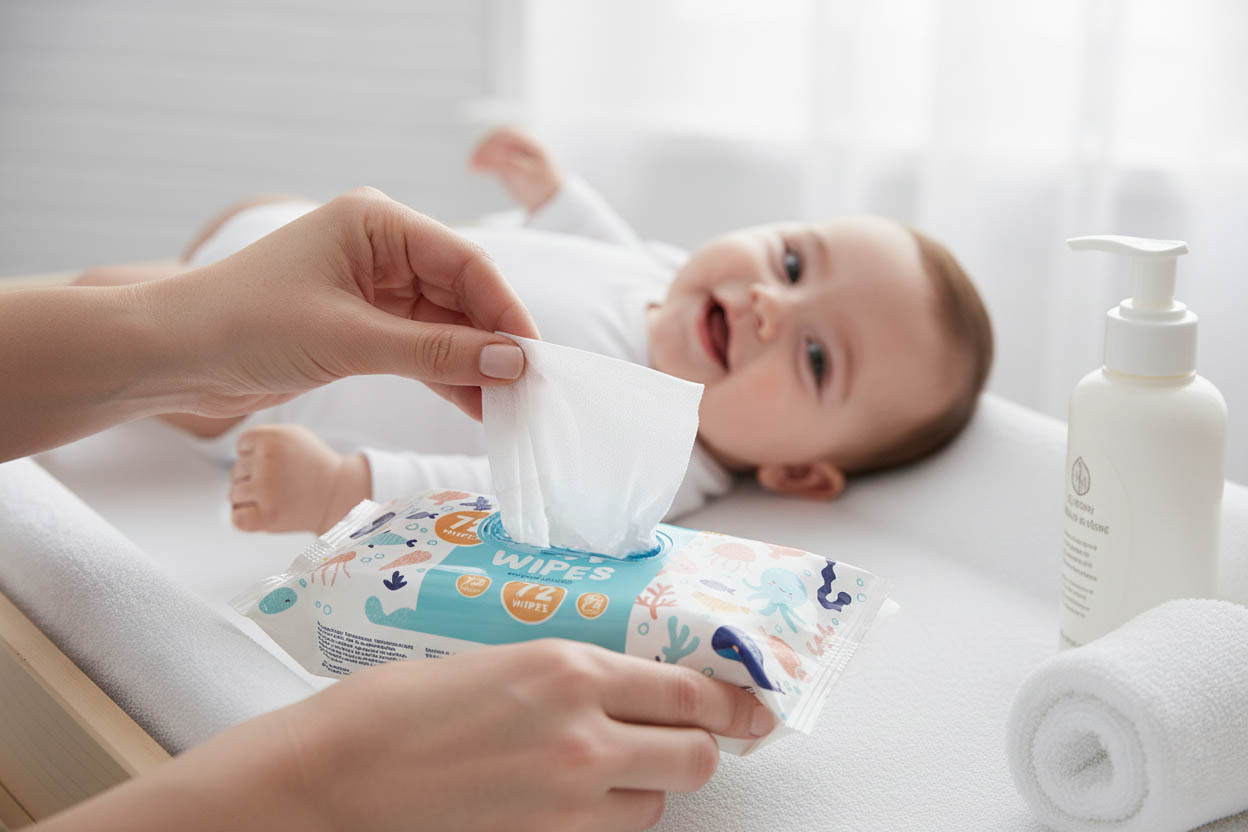 Adult hands pulling a wipe from a pack of baby wipes next to a smiling baby on a changing table, with lotion bottle and rolled white towel nearby.