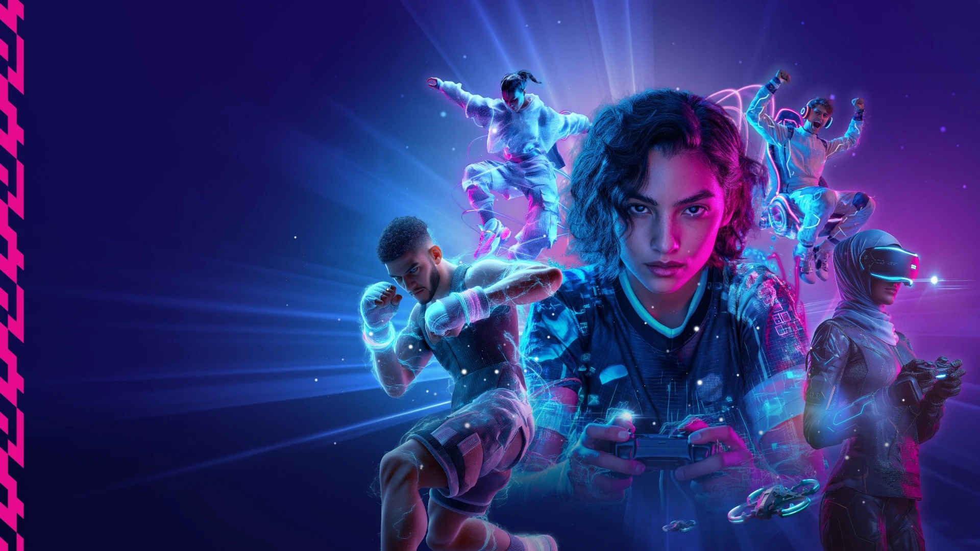 Five diverse characters in a futuristic, neon-lit scene including a woman holding a game controller, a fighter, a dancer, a gamer in a chair, and a person wearing a VR headset.