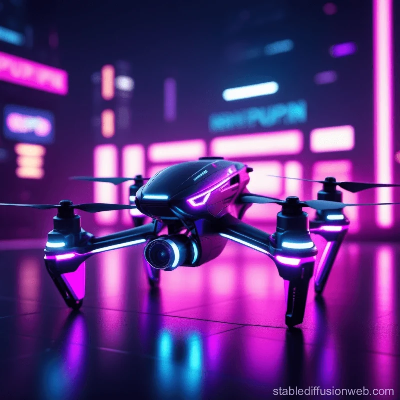Futuristic black drone with glowing purple and blue LED lights on a reflective surface with neon-lit background.
