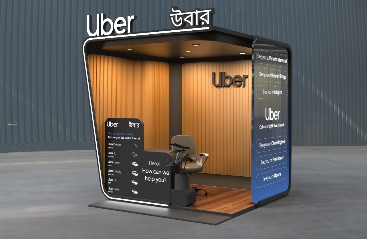 3D design of the Uber help desk kiosk for Kolkata airport, prepared by Kaizeng before fabrication