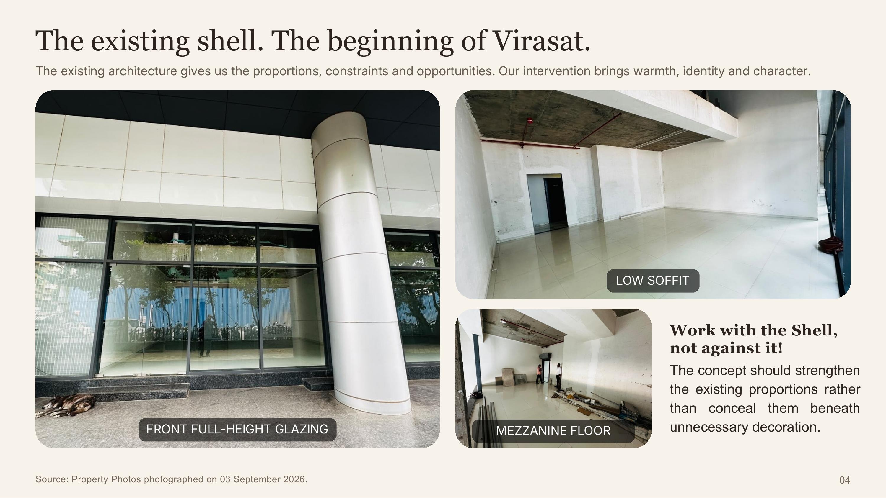 The existing bare shell: front glazing, low concrete soffit and the mezzanine floor before construction