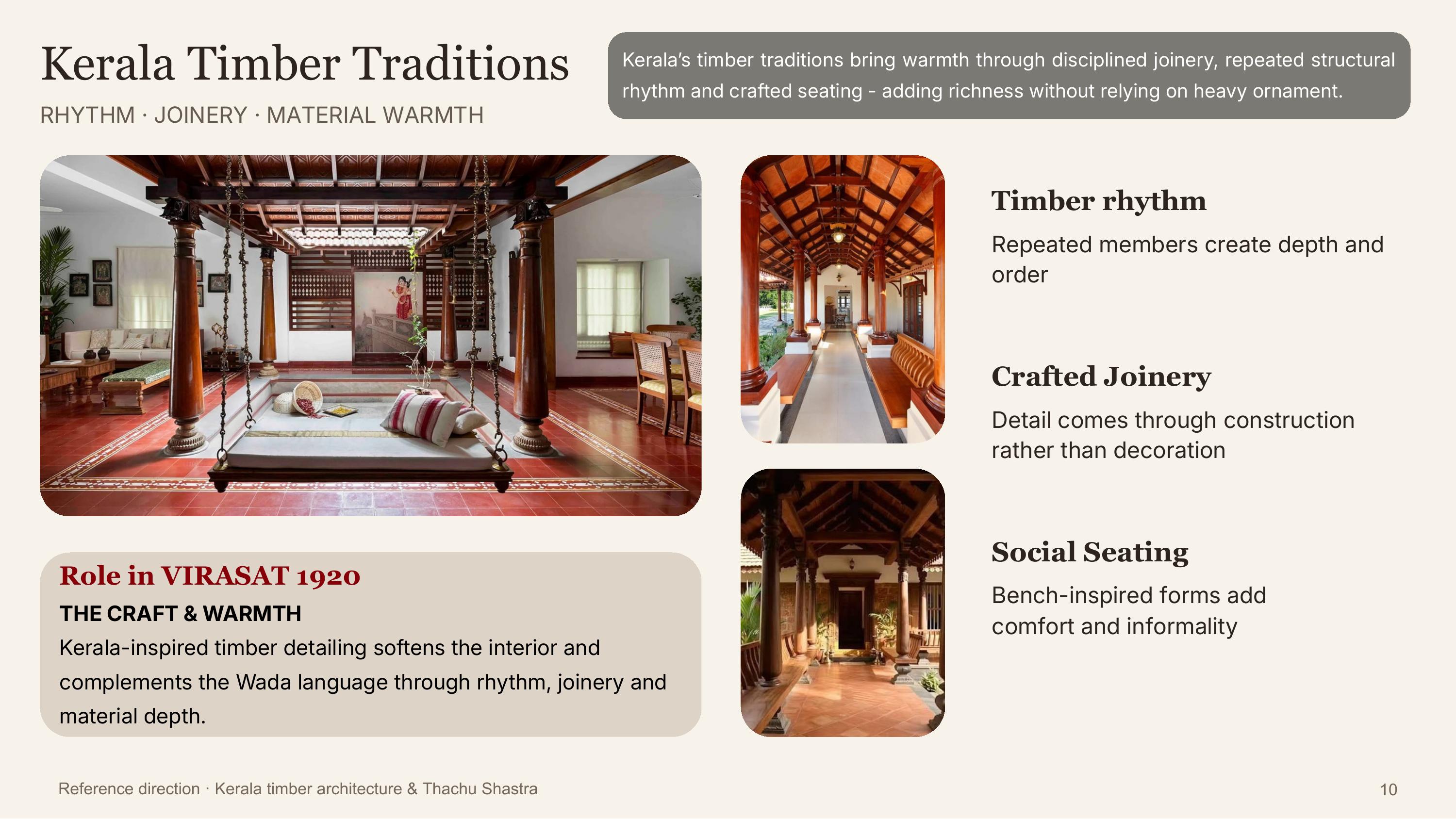 Kerala timber tradition interior with repeated columns and a wooden swing