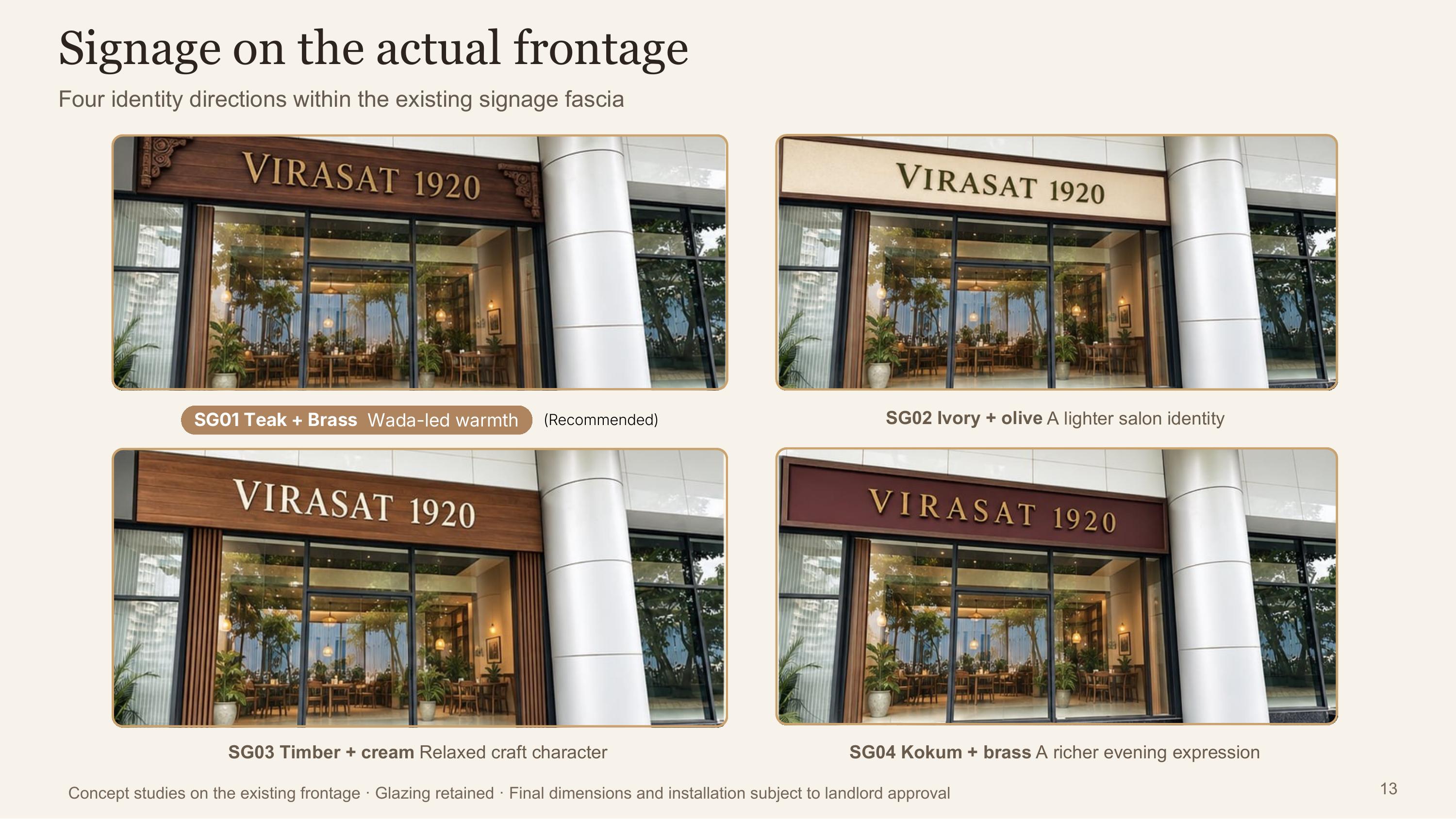 Four signage concepts tested on the real glazed frontage, teak and brass recommended