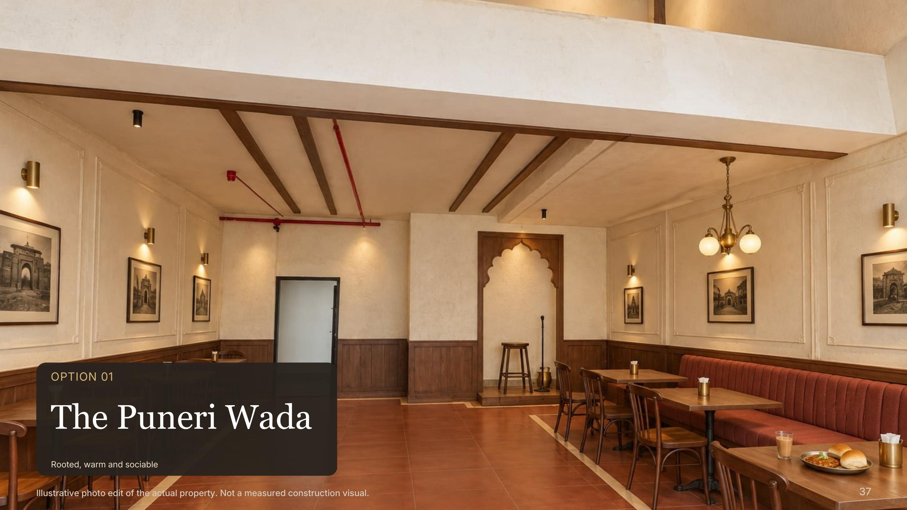 The Puneri Wada direction: a warm dining room with a red banquette and carved archway