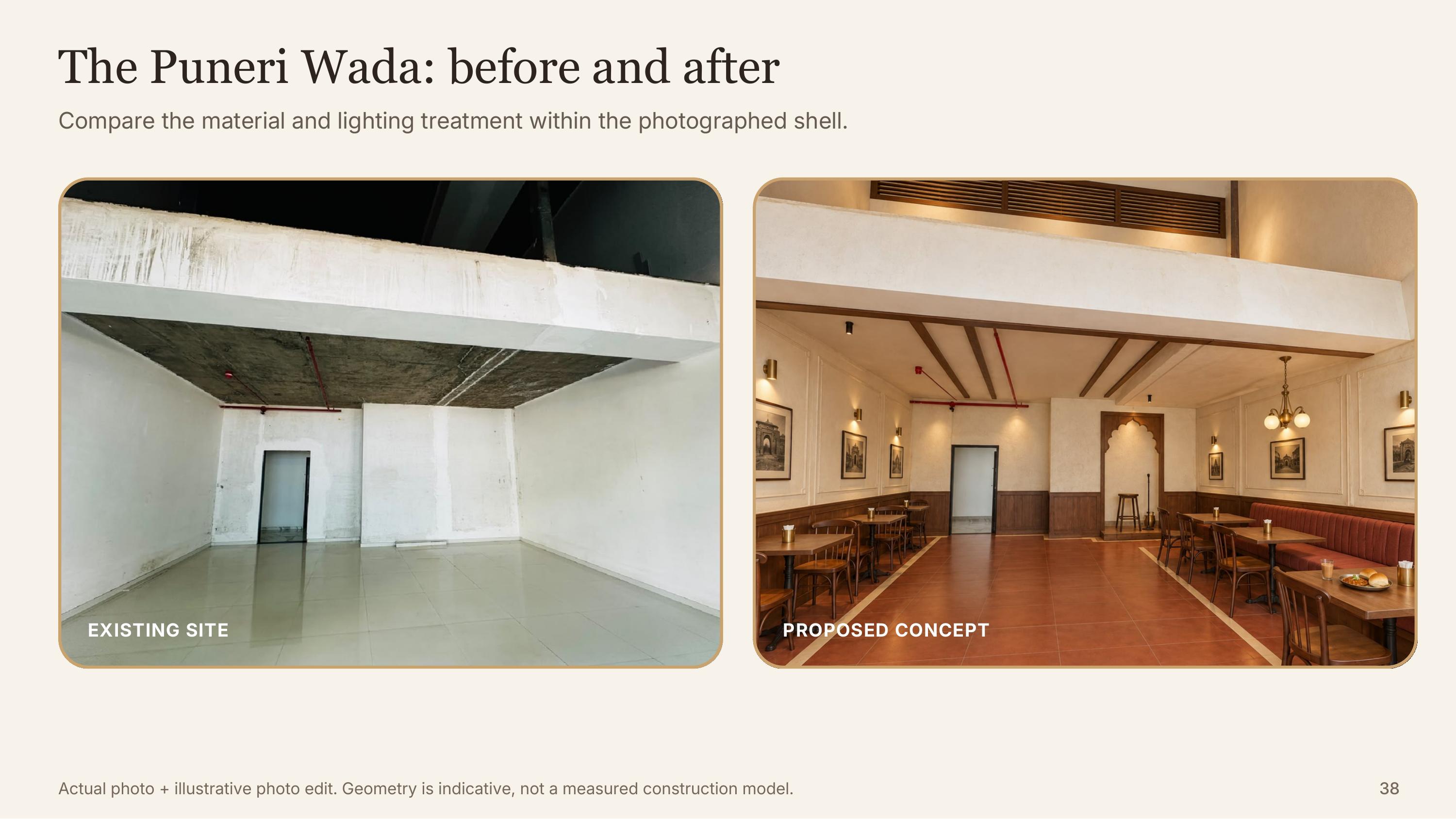 Before and after: the same shell, from bare concrete to the finished Puneri Wada concept
