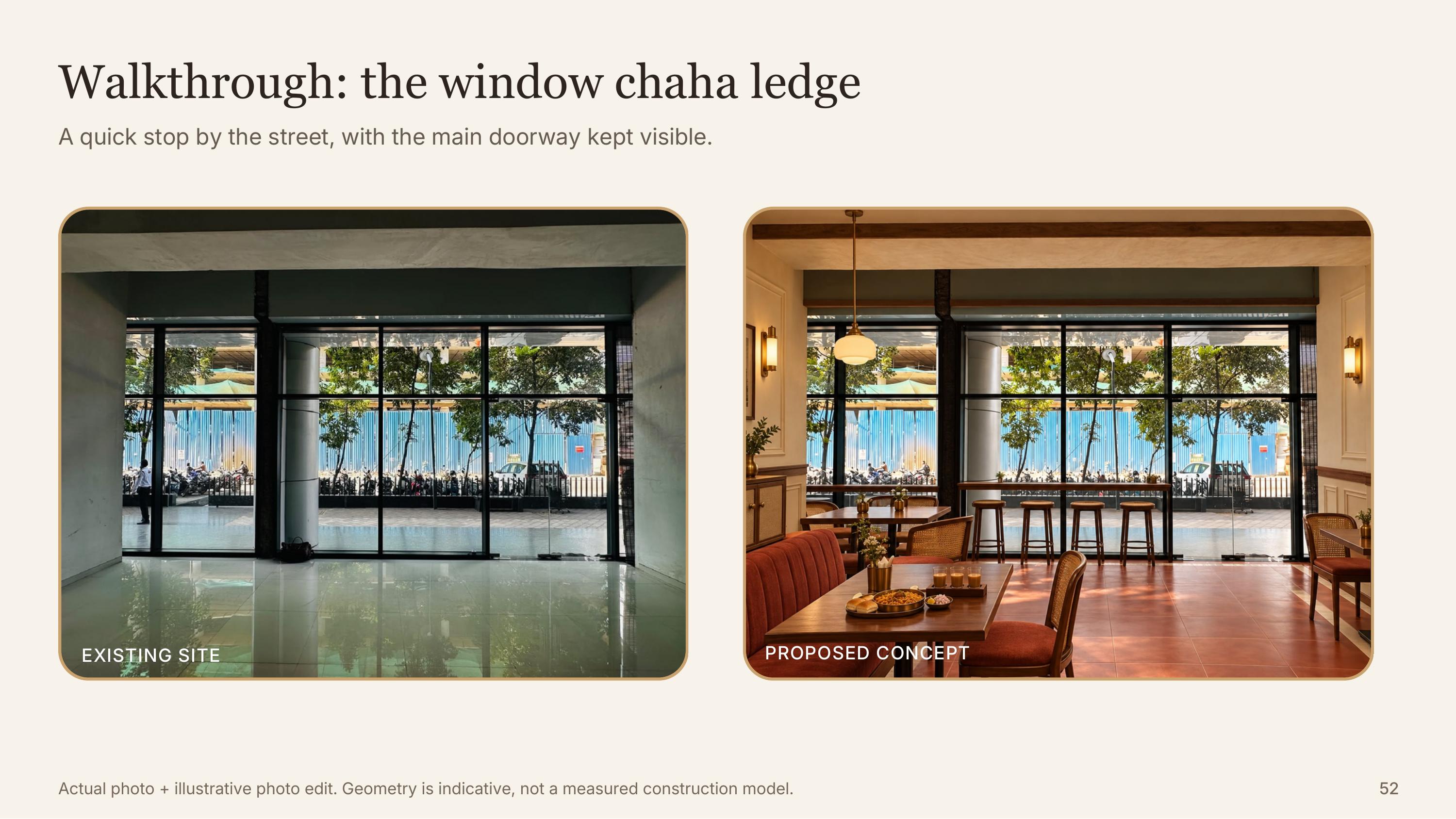 Before and after of the front window seating area, from bare glazing to a warm chaha ledge