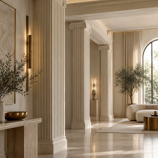 A fluted column in a modern living room, showing how a classical form is simplified