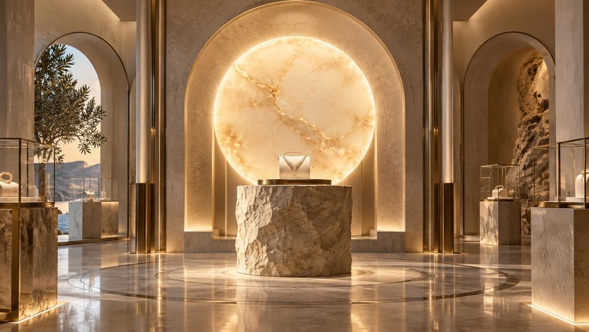 A glowing backlit stone disc behind a display plinth in a jewellery showroom