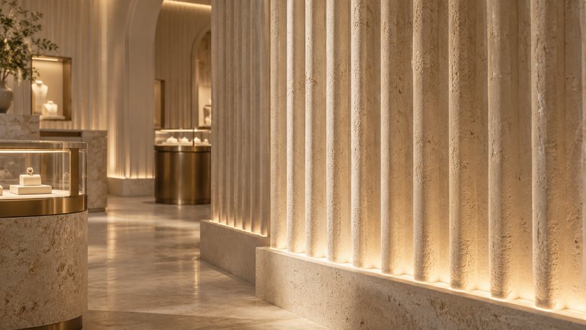 Warm grazing light washing down a fluted stone wall in a jewellery showroom